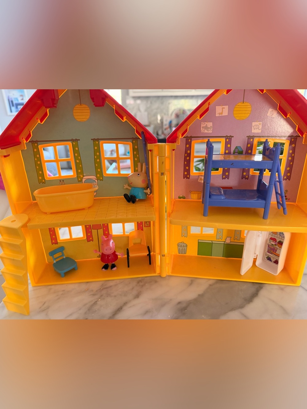Peppa Pig Yellow Foldable Dollhouse Playset with Blue Bunk Bed